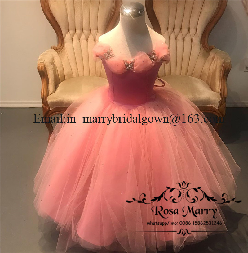 Princess Cinderella Pink Girls Pageant Dresses 2020 Ball Gown Crystals Off Shoulder Girls Birthday Prom Party Gowns For Toddlers Kids