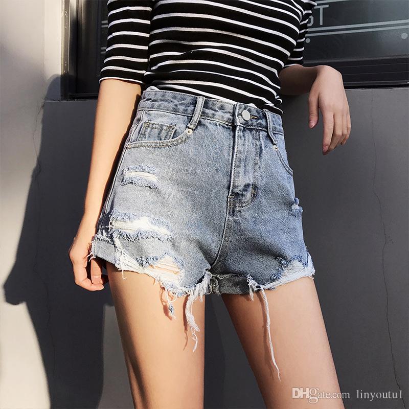 2020 European and American BF summer wind female blue high waist denim shorts women worn loose burr hole jeans shorts