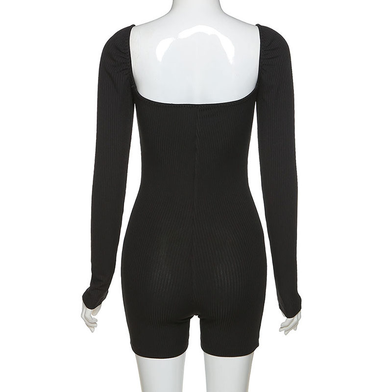 Black High-Waisted Bodysuit With Square Collar - Long Sleeve Backless Sportswear Jumpsuit For Fiess And Streetwear B2