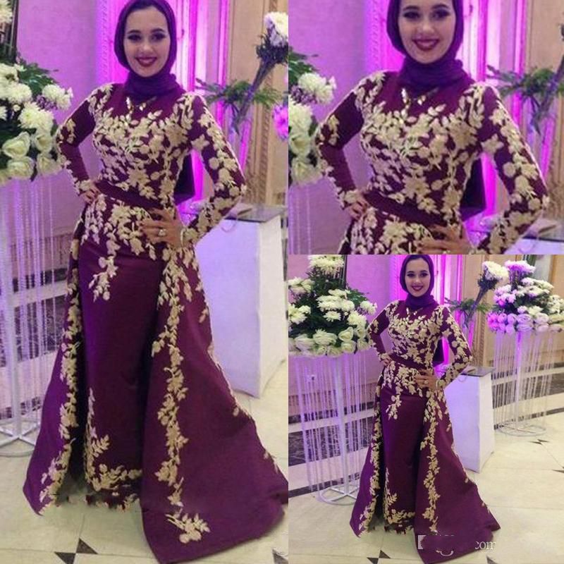 2020 Burgundy Muslim Mermaid Evening Dresses Long Sleeve Gold Lace Applique Detachable Train Arabic Formal Prom Party Gowns
2020 Burgundy Muslim Mermaid Evening Dresses Long Sleeve Gold Lace Applique Detachable Train Arabic Formal Prom Party Gowns