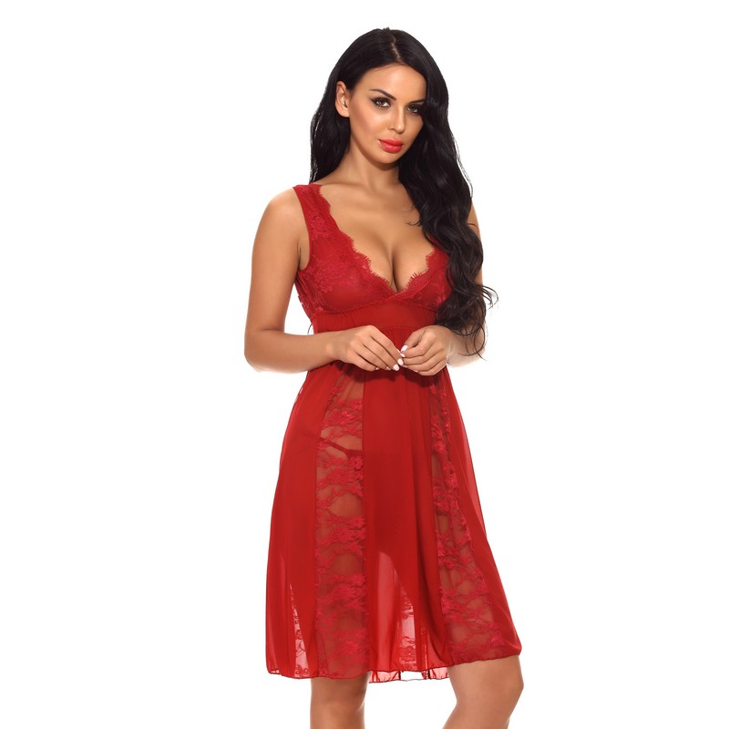 Women's Sexy Plunging V-Neck White Bridal Lingerie Eyelash Lace and Mesh Knee Length Nightgown Sheer Babydoll Chemise Dress Sleepwear S-XXL