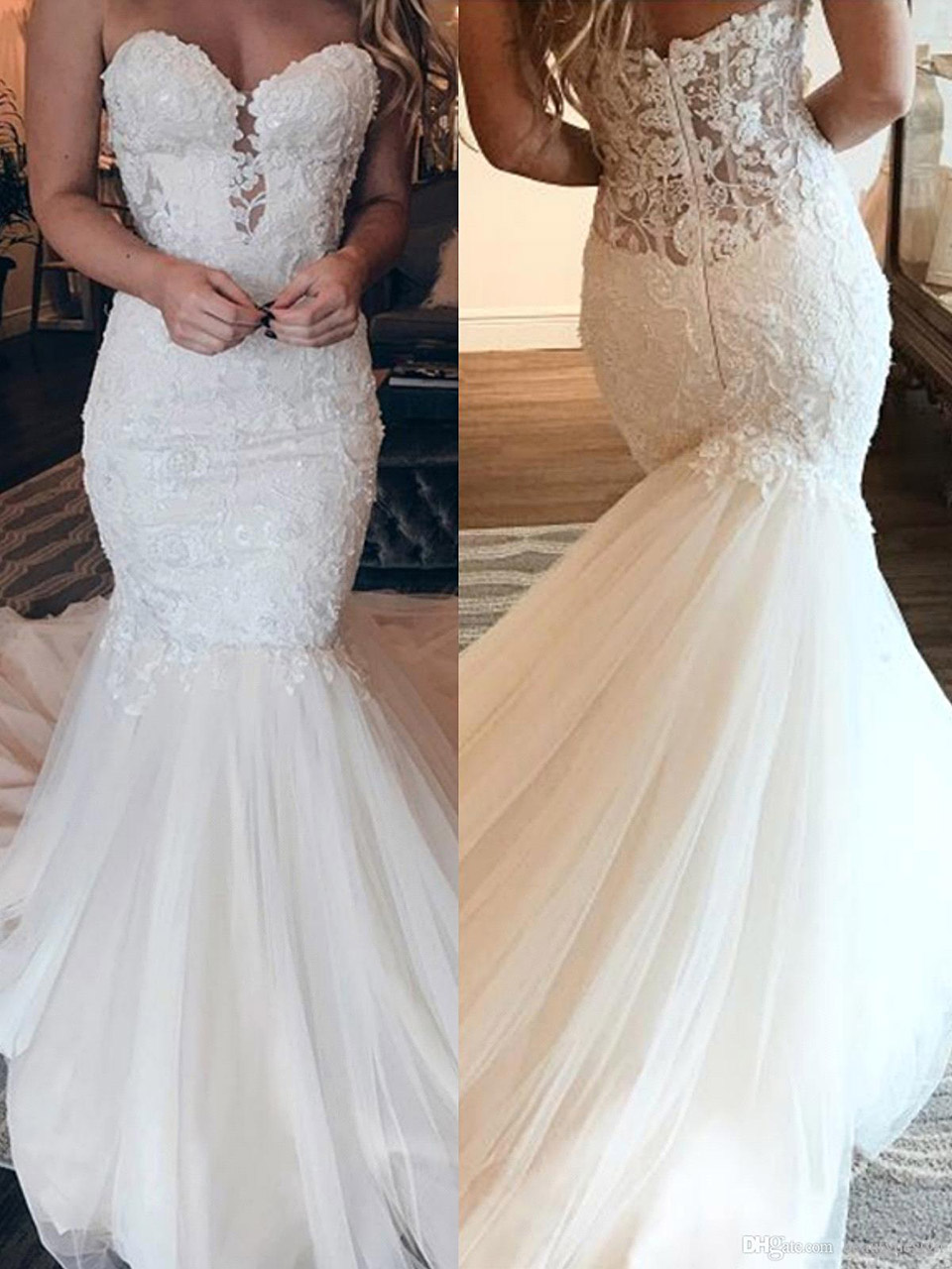 Arabic Strapless Sweetheart Lace Appliqued Sequined Mermaid Wedding Dresses With Tulle Sweep Train Custom Made Bridal Gowns With Zipper Back