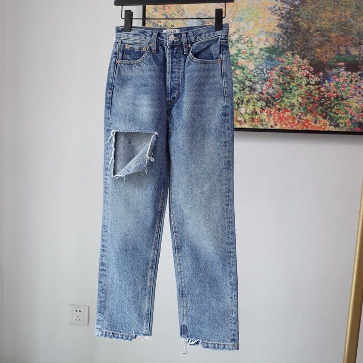 Fashion design loose jeans Shredded straight Legs Slim Casual Mid-Waist women jeans, Blue