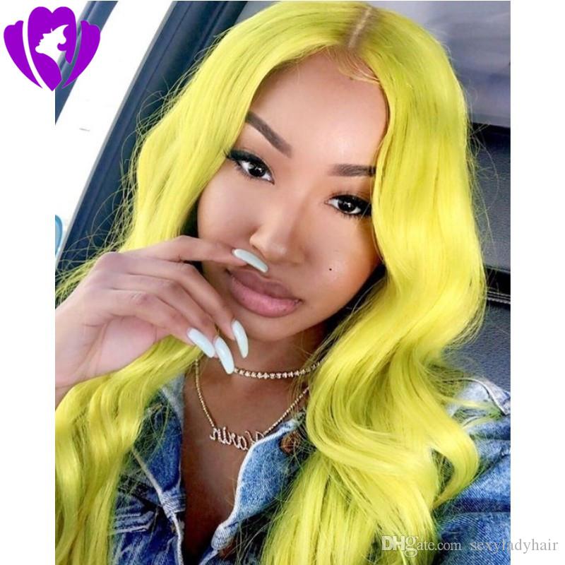 Beauty Long Wavy middle part Ombre Lace Front Wig White Roots Ombre Yellow Green Synthetic Heat Resistant Full Wigs