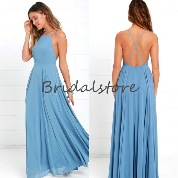 Slate Blue Chiffon Beachy Bridesmaid Dresses Floor Length Long Cross Back Formal Prom Gowns Cheap 2019 Summer Beach Maid Of Honor Dresses