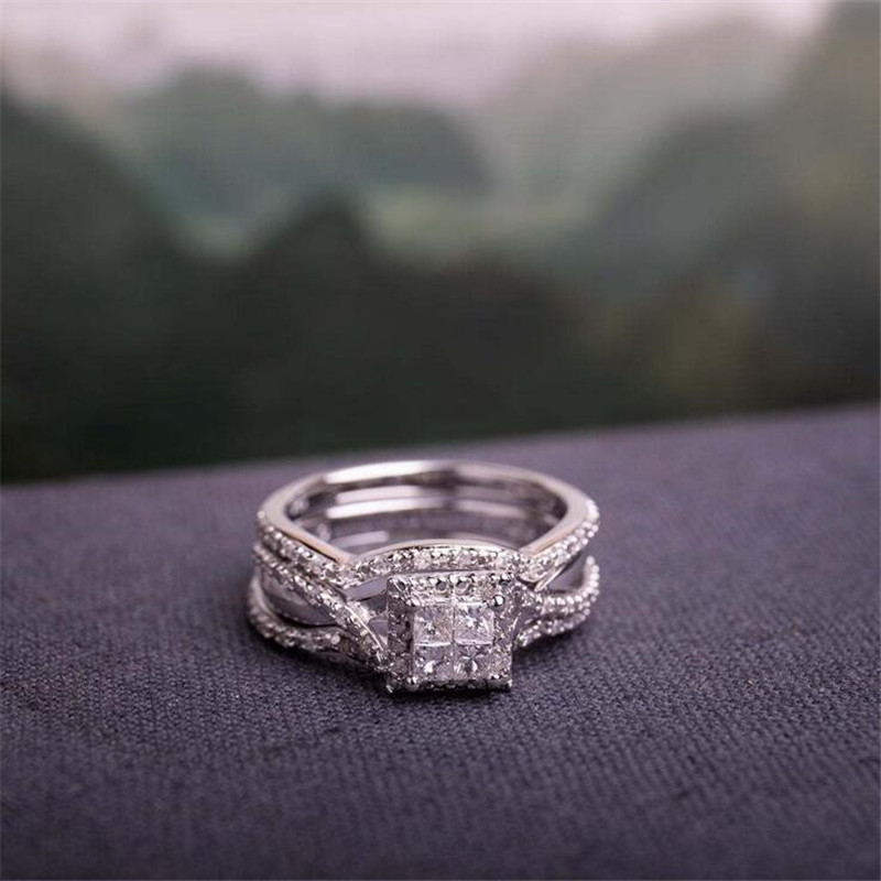 Vintage Fashion Jewelry 925 Sterling Silver Princess Cut White Topaz CZ Diamond Gemstones Trendy Party Women Wedding Bridal Ring Set Gift