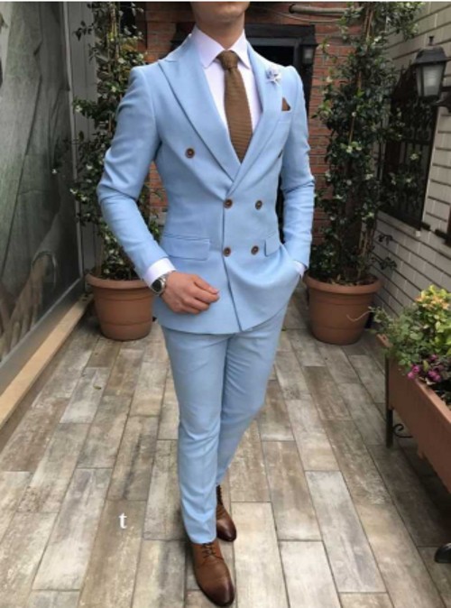 Handsome Double-Breasted Light Blue Wedding Men Suits Peak Lapel Two Pieces Business Groom Tuxedos (Jacket+Pants+Tie) W1194