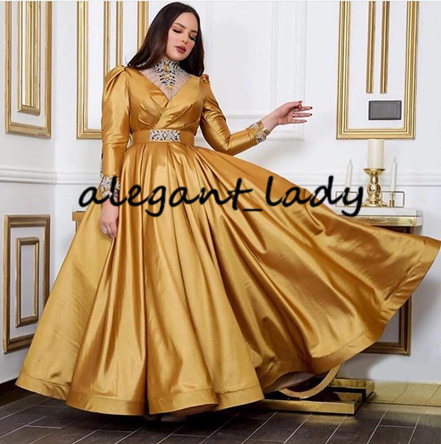 Gold Puffy Skirt Prom Dresses 2020 Arabic Dubai Muslim High Neck Long Sleeve Beaded Crystal Ankle length Evening Wear Gowns