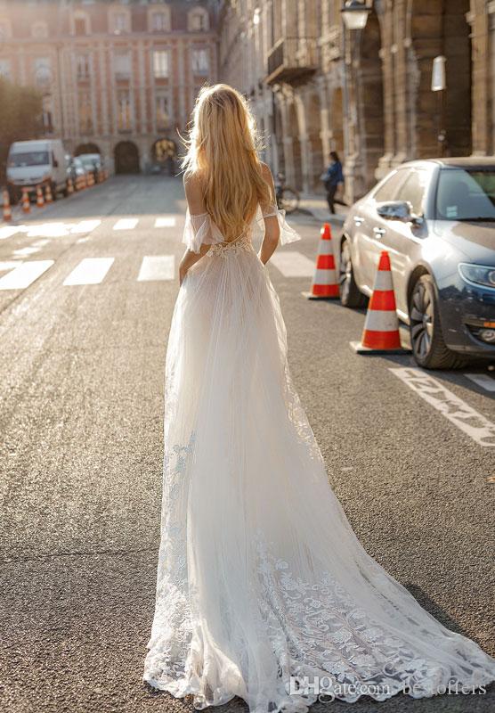 Newest Gali Karten A Line Wedding Dresses Spaghetti Lace Appliques Illusion Sexy Backless Boho Wedding Dress Bohemian Bridal Gowns