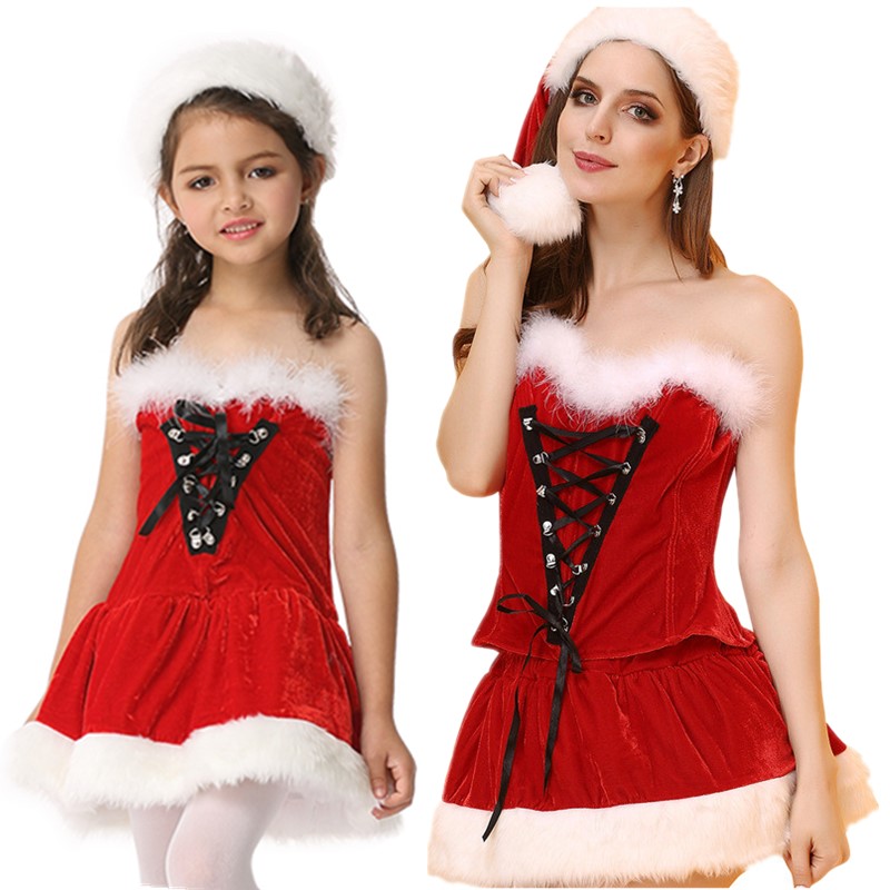Ms. Santa Costume Christmas Outfit with White Fuzzy Trim For Girls and Women Lace-up Corset Bustier Top n Skirt Hat Set Clubwear M-XXL