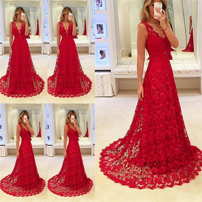 womens long formal lace dress red lace party gown evening party bridesmaid dresses new deep high low vneck maxi dress vestidos