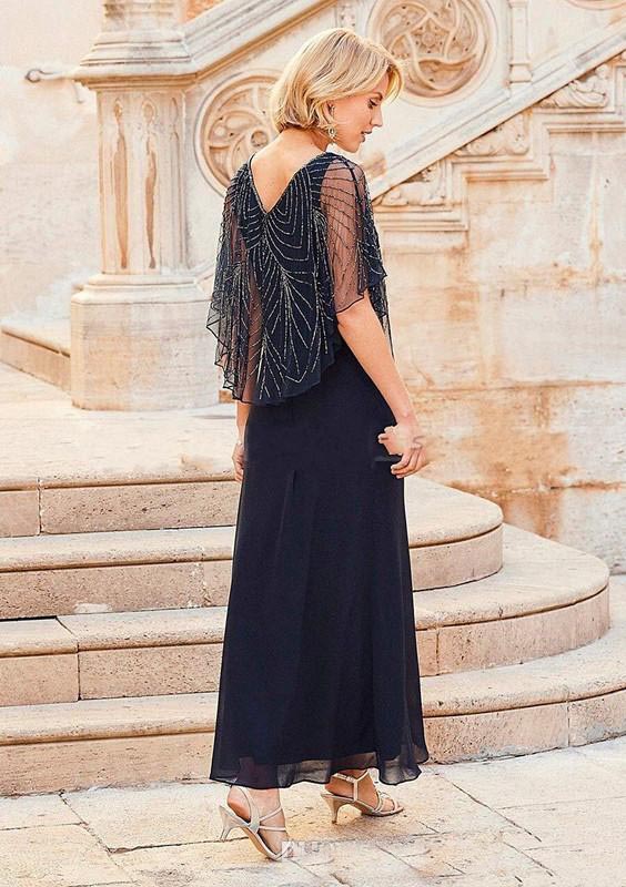 New Mother Of Bride Dresses Chiffon Navy Blue V Neck Beading Crystal Cap Sleeves Ankle Length Mother Party Gowns Wedding Guest Dresses