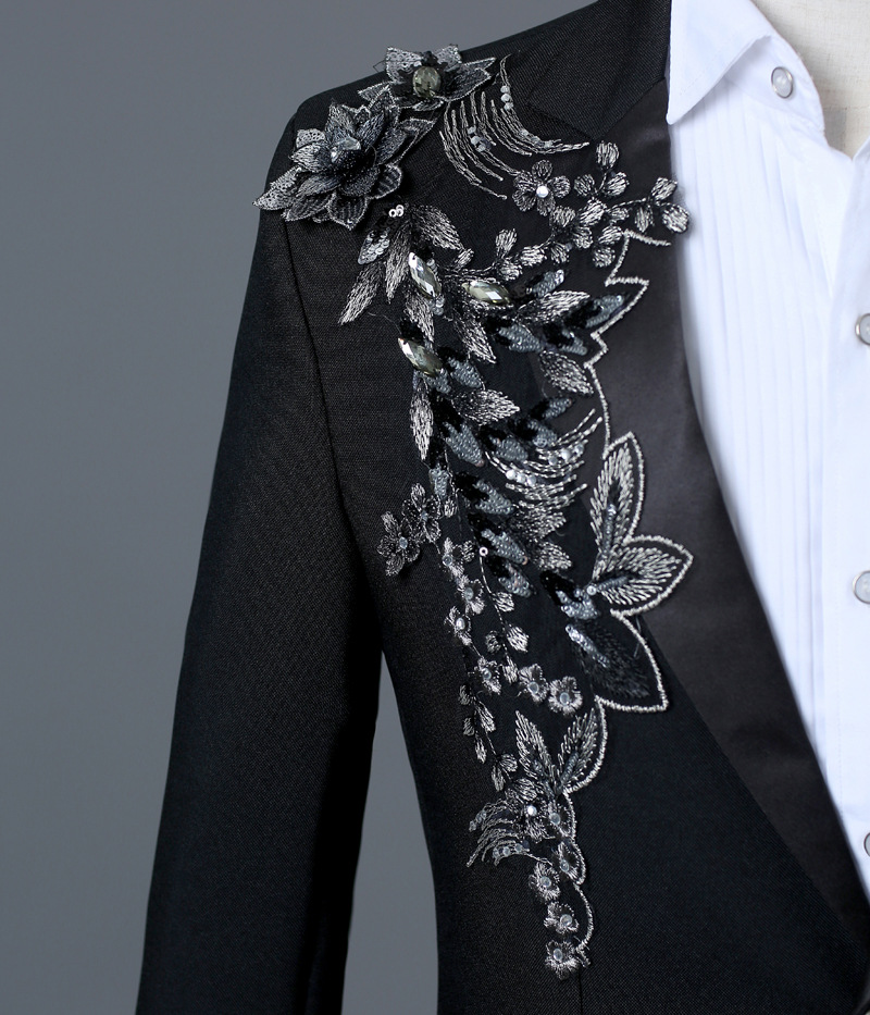 2019 New Designer Blue Men Jackets 2 Pieces Lace Sequins Slim Fit Prom Groom Wear Peak Notch Lapel Wedding Tuxedos