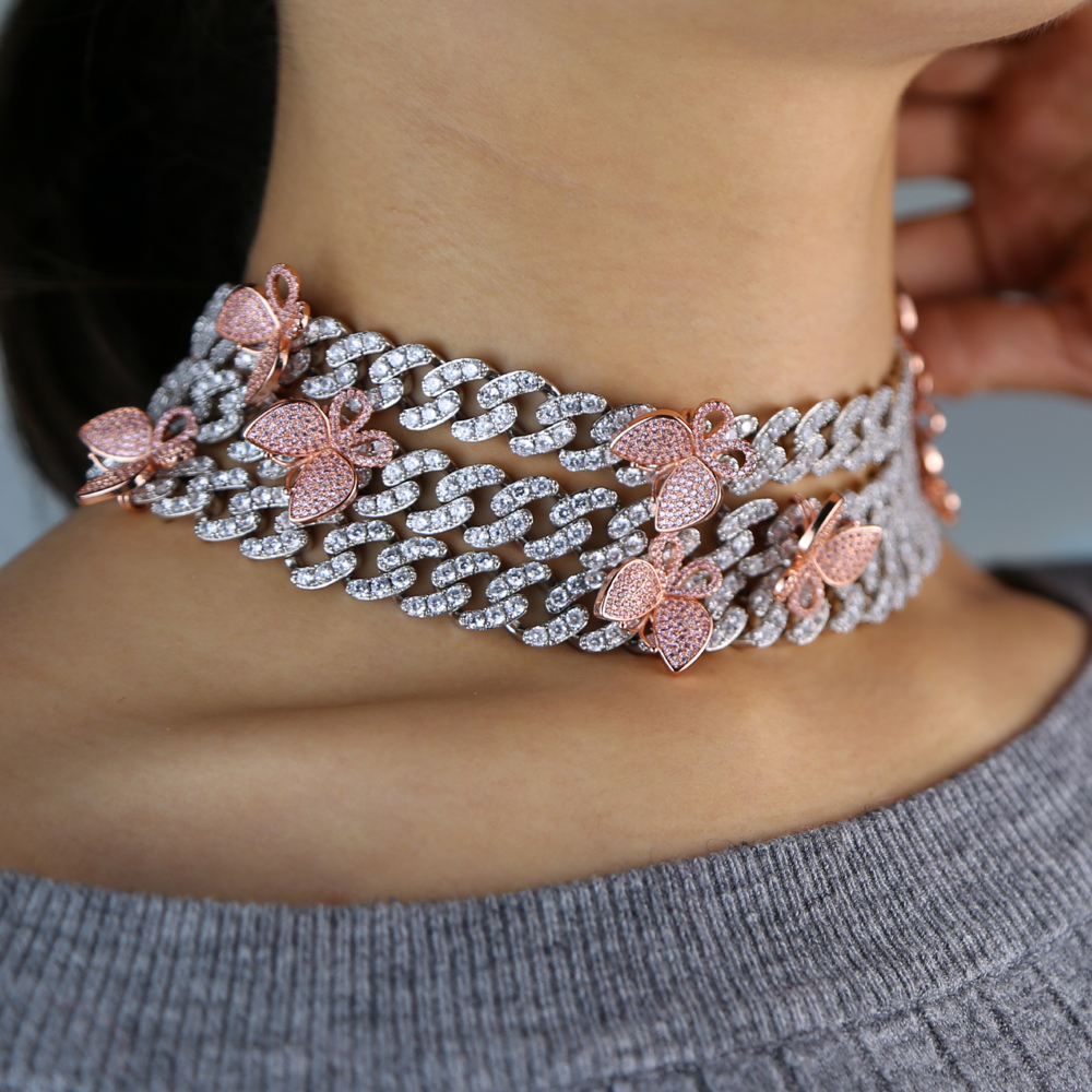 2024 iced out bling cz Miami cuban link chain PINK Butterfly charm choker necklace hip hop rock bling wide cool women jewelry