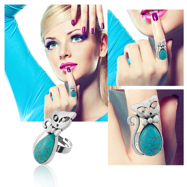 Europe and America Ring Green Pine Ancient Silver Retro Bow Kitten Shape Turquoise Female Ring