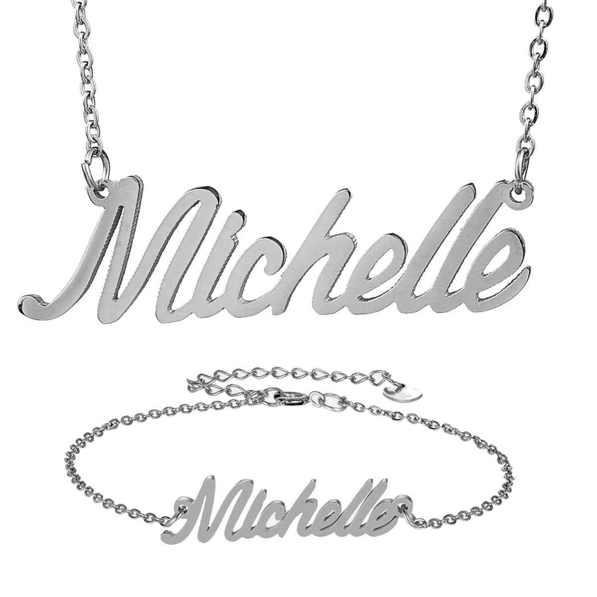 Dainty Michelle Nameplate Stainless Steel Name Necklace and Bracelet Jewelry Set for Women Gold Choker Chain Pendant Nameplate Gift