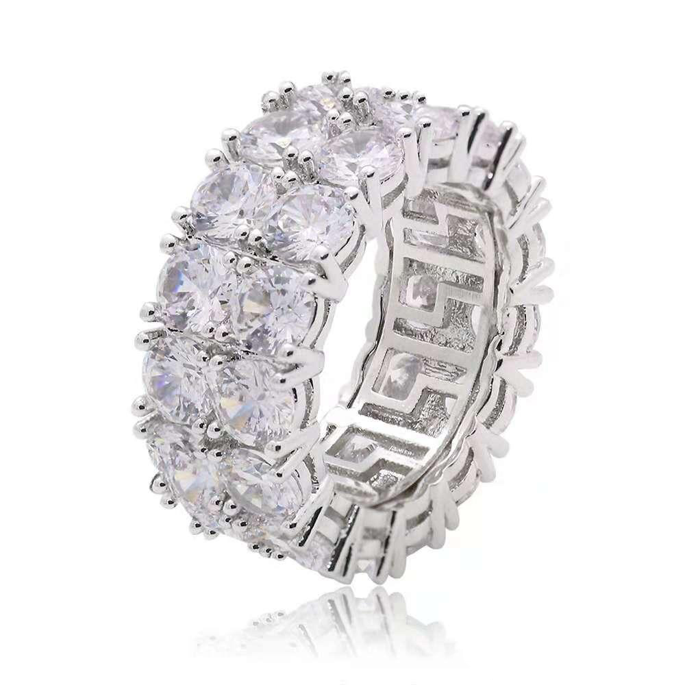 hip hop full diamonds ring for men women western Double row side stone rings real gold plated Rhinestone copper jewelry