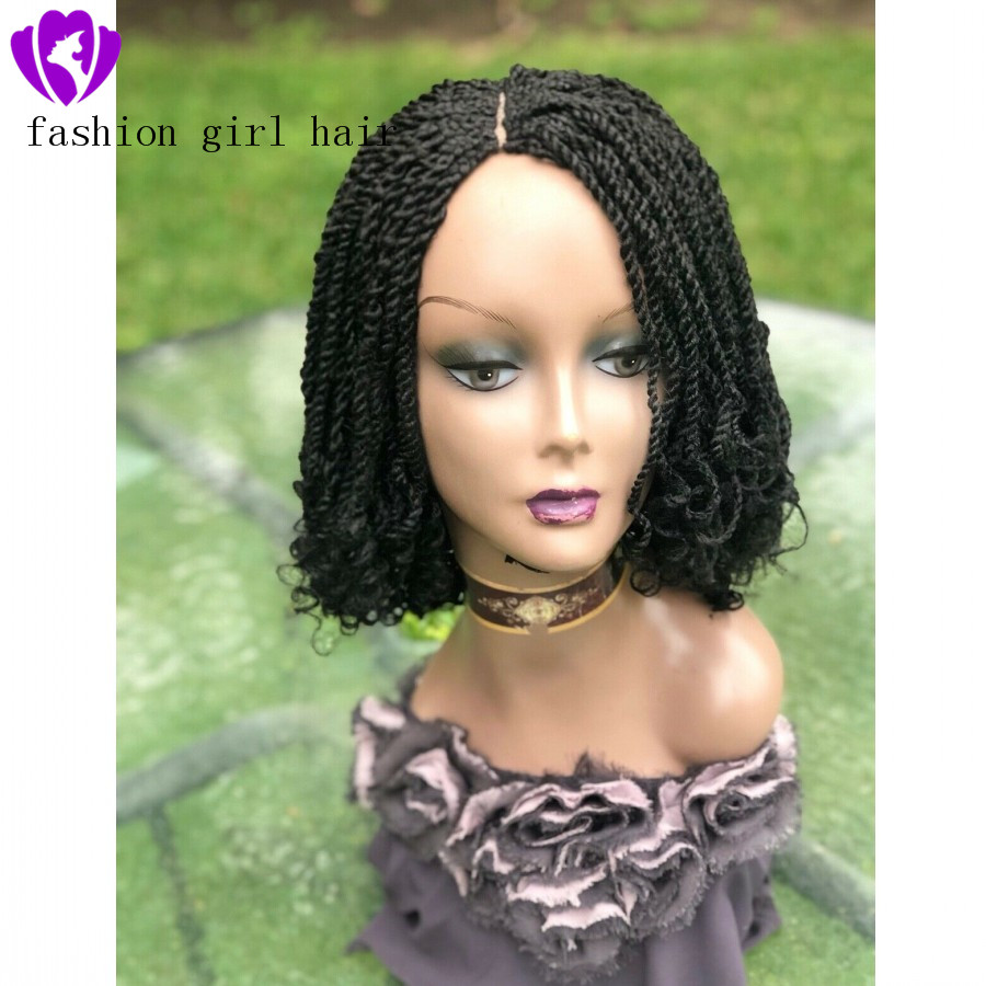Middle part full density 14inche Short Bob Synthetic Lace Front braids Wigs for africa women Crochet braided kinkyTwist Wig with curly tips