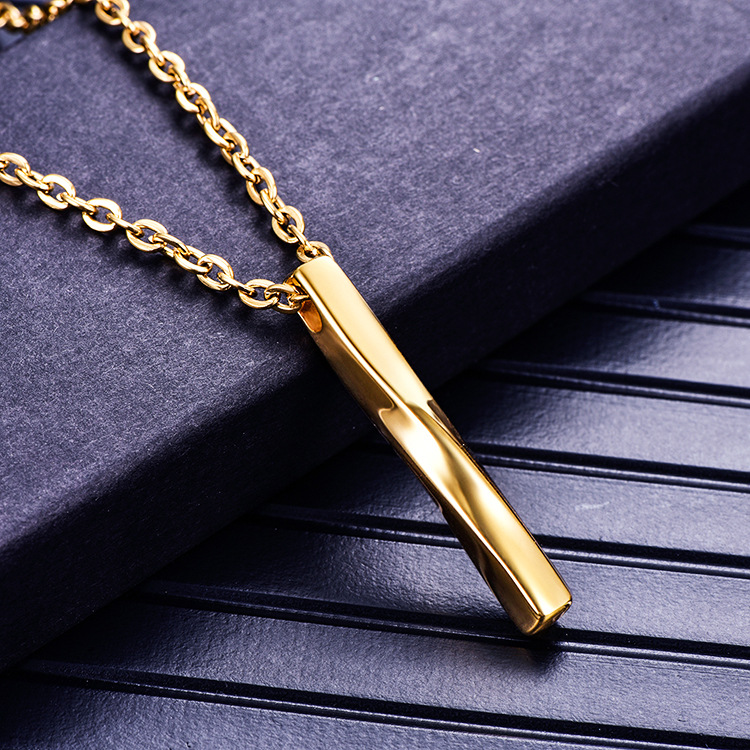 Vintage Twisted Cylindrical Pendant Necklace Gun Plated 316L Stainless Steel Strip for Men Women with Chain Gift