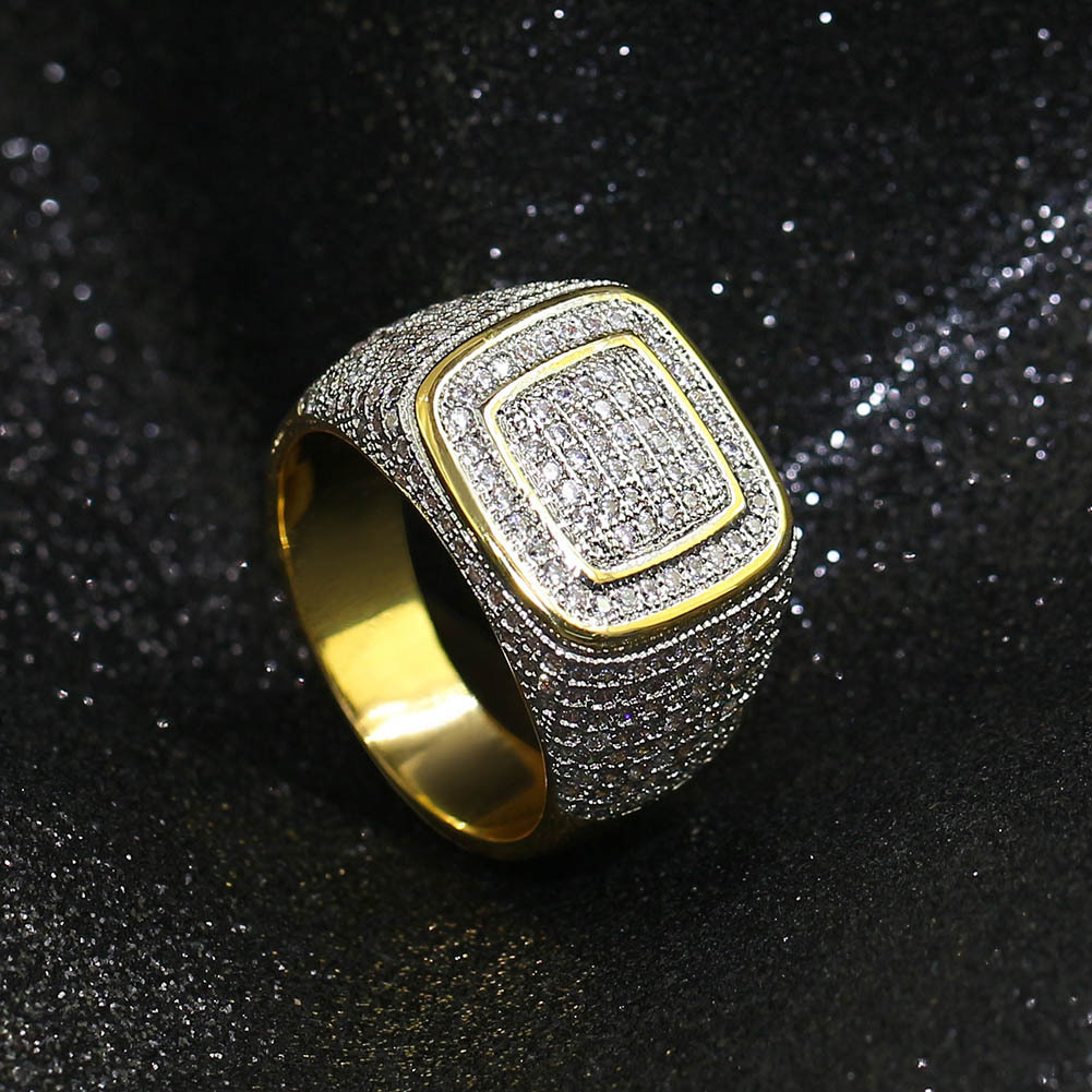 Men's Hip Hop Large Square Rings 18k Real Gold Plated Cubic Zircon Diamond Finger Ring Jewelry Gift