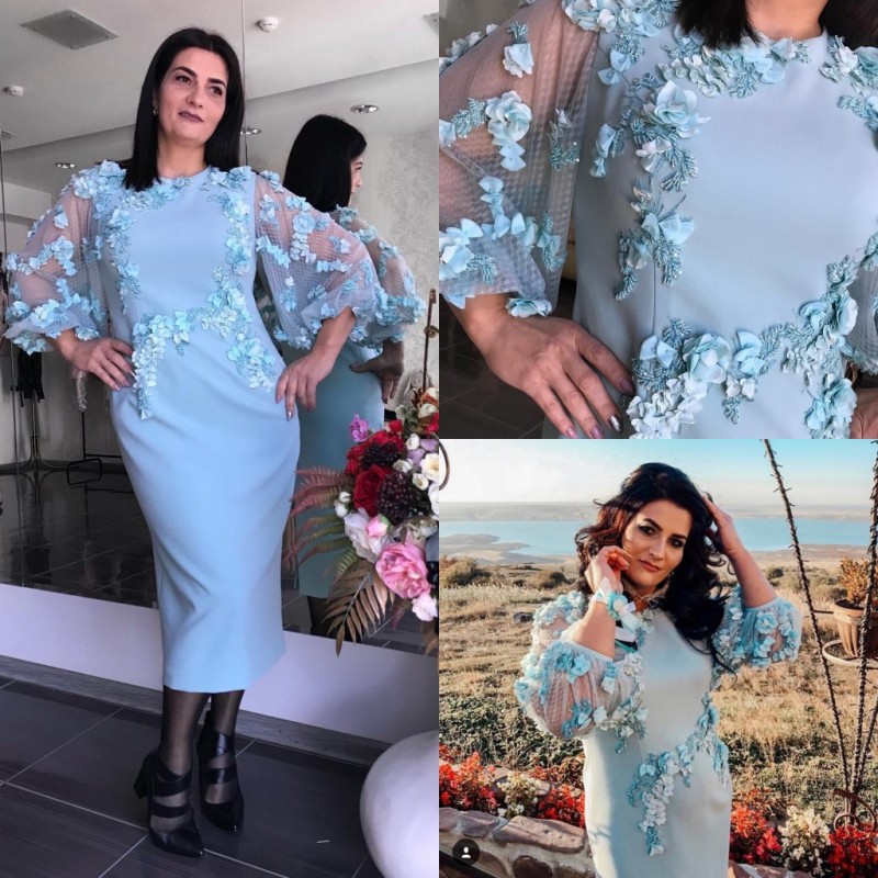 Light Blue Mother of the Bride Dresses 3D Flower Lace Appliqued Poet Long Sleeve Mother's Dresses Formal Wedding Guest Gowns