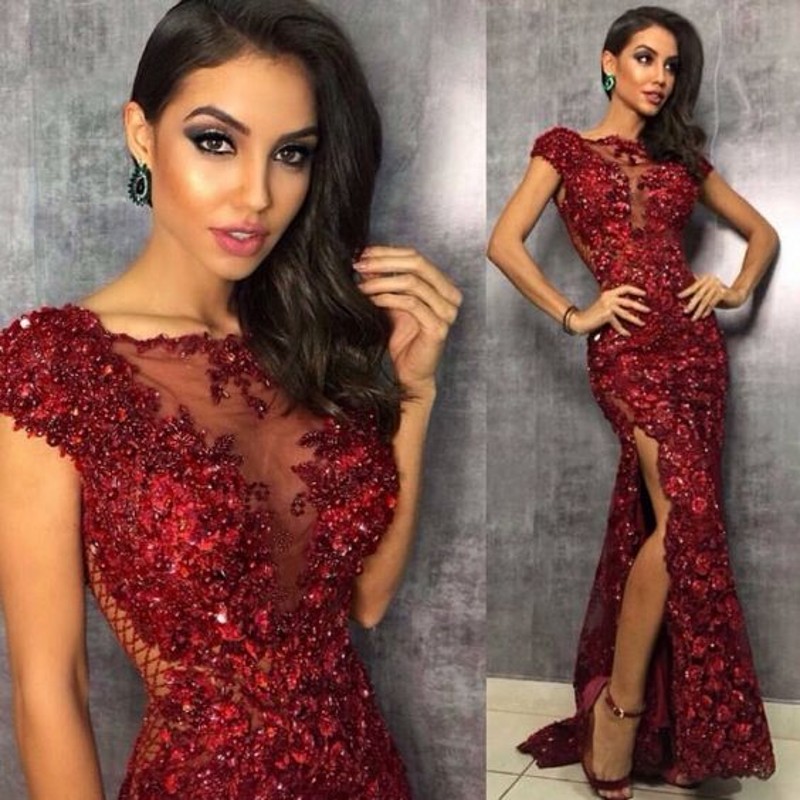 Sexy Sequins Bling bling Arabic Mermaid Burgundy Prom Dresses Cap Sleeves See Through Skirt vestidos de fiesta Evening Dress, Brown
Sexy Sequins Bling bling Arabic Mermaid Burgundy Prom Dresses Cap Sleeves See Through Skirt vestidos de fiesta Evening Dress, Brown