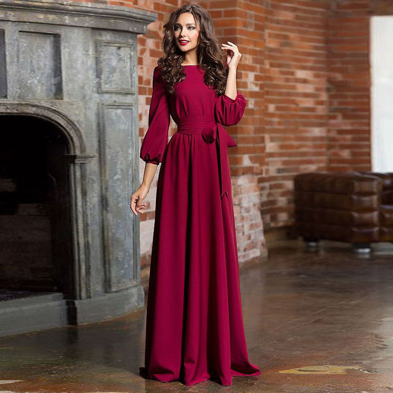 Wholesale-Luzuzi Spring woman O-Neck long dress new bohemian style slim vestidos vintage three quarter lantern sleeve casual dress CR6498