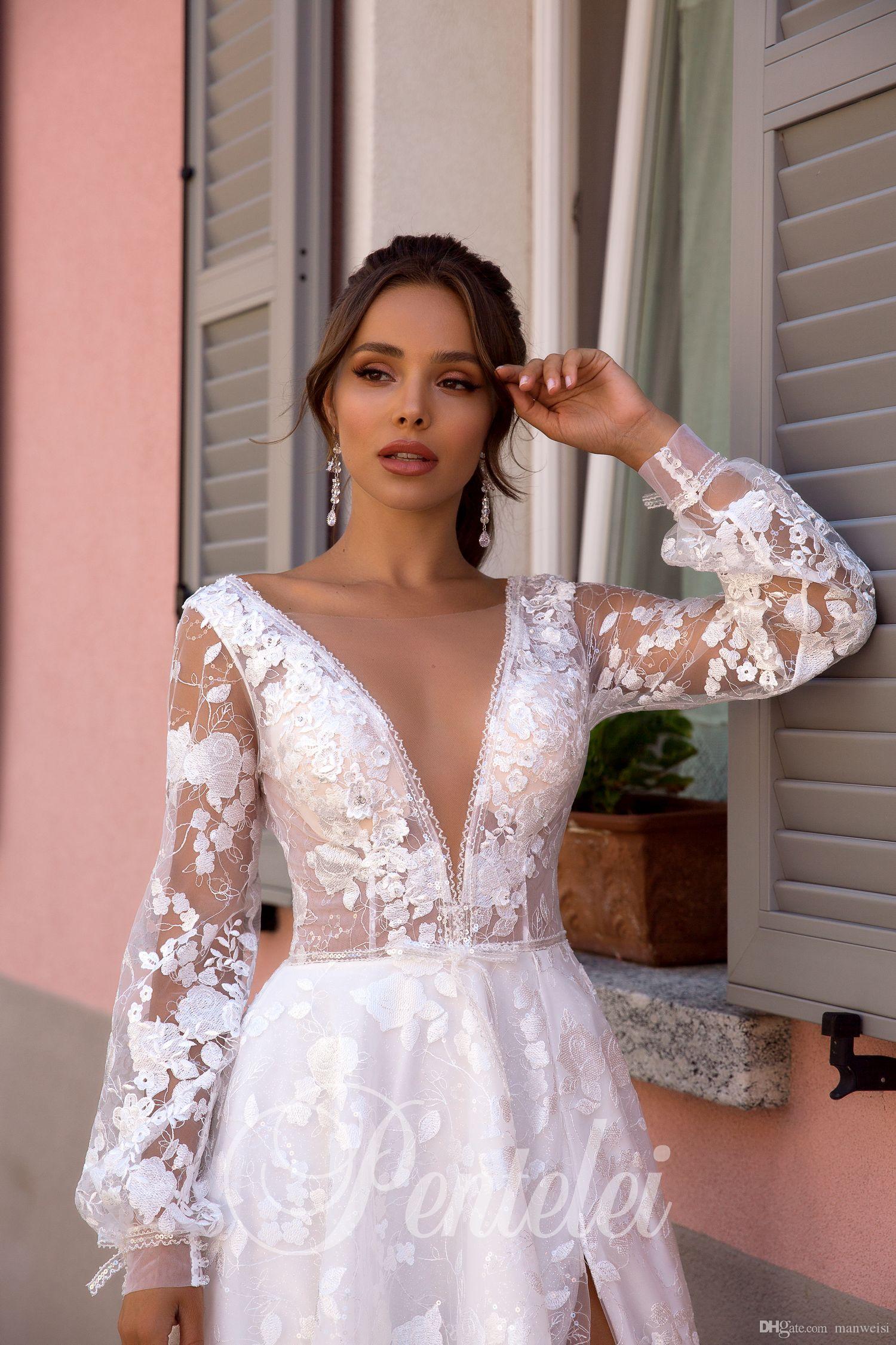 Sparkly Pentelei 2020 Long Sleeve Wedding Dresse High Side Split Bridal Gowns V Neck Lace Appliqued Country Garden Robes De Mariée