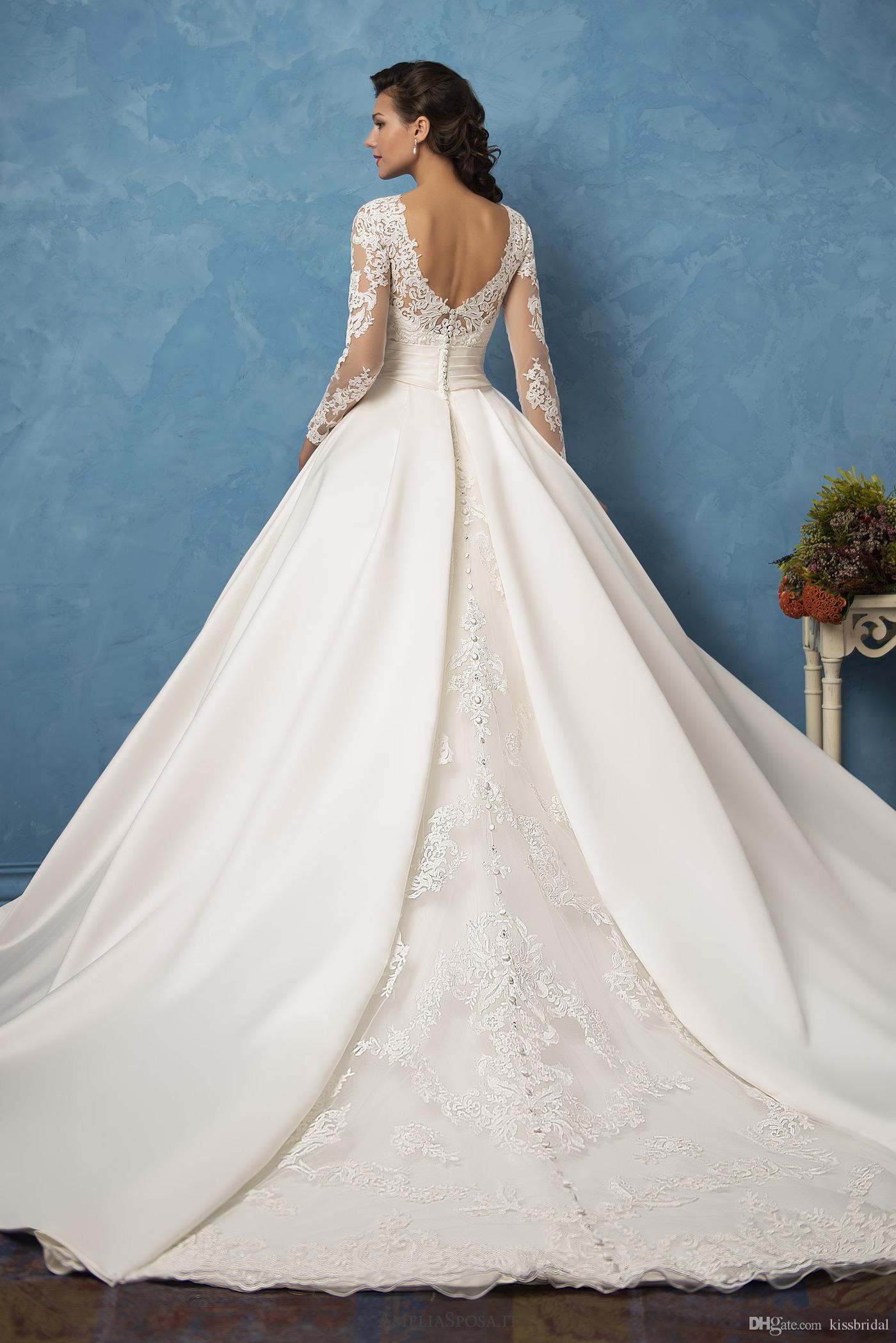 Sleeve Simple Long Ball Gown A-Line Wedding Dresses Elegant Sheer Lace Satin Bridal Gowns Vestidos Novia Formal Dress Robe De Mariee s