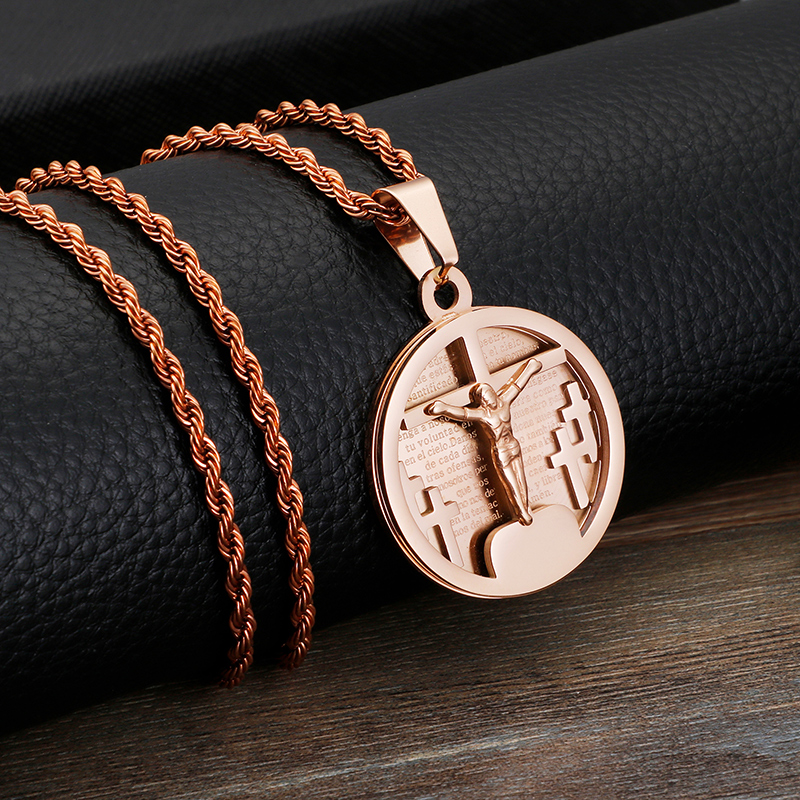 Jesus Cross Pattern Pendant Necklace Jewelry Round Shape Stainless Steel Gold Plated Pendants Men Women Religious Jewelry