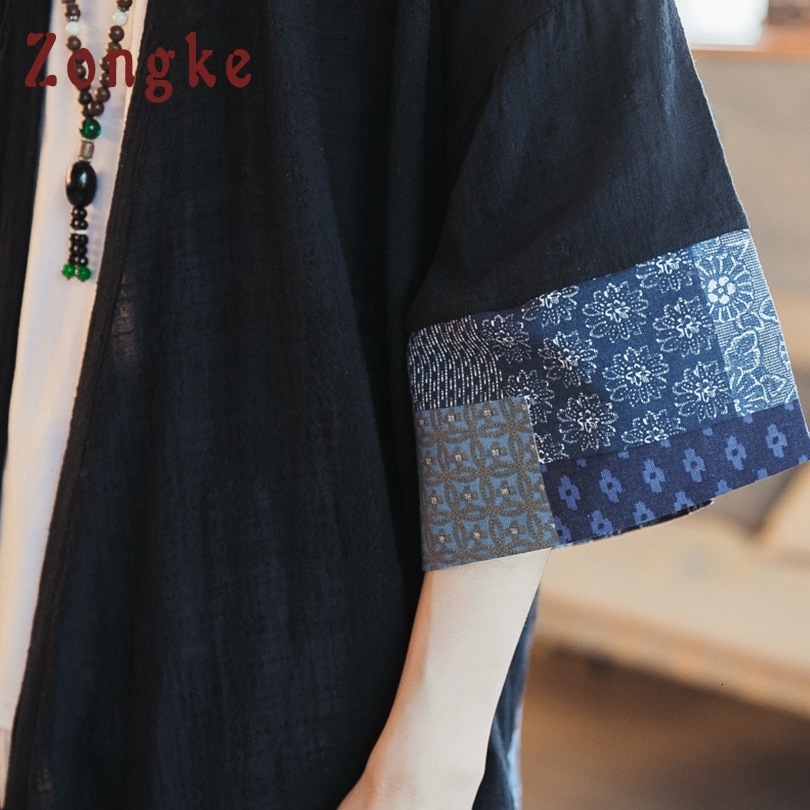 Zongke Chinese Kimono Cardigan Men Open Stitch Traditional Mens Kimono Cardigan Plus Size Long Kimono Jacket Men Summer LY191206