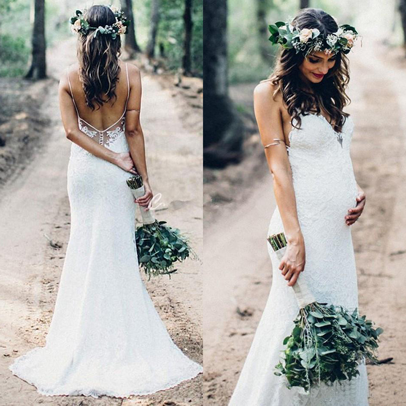 Charming Full Lace Pregnant Wedding Dresses Spaghetti Backless Mermaid Sweep Train Garden Country Bridal Gowns Plus Size Customized