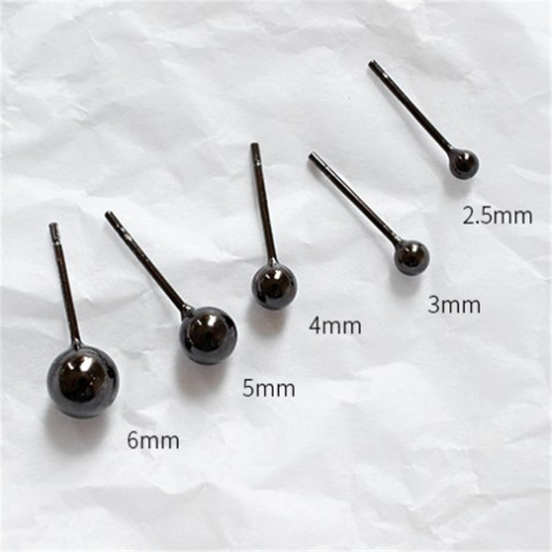 2.5mm 3mm 4mm 5mm 6mm Black Round Bead Stud Earring For Women 100% Genuine 925 Sterling Silver Ear Piercing Earring Black Color