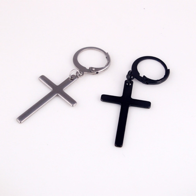 Smiple Punk Men's Cross Stainless Steel Hoop Drop Earrings New Style Hip Hop Earrings Jewelry Wholesale