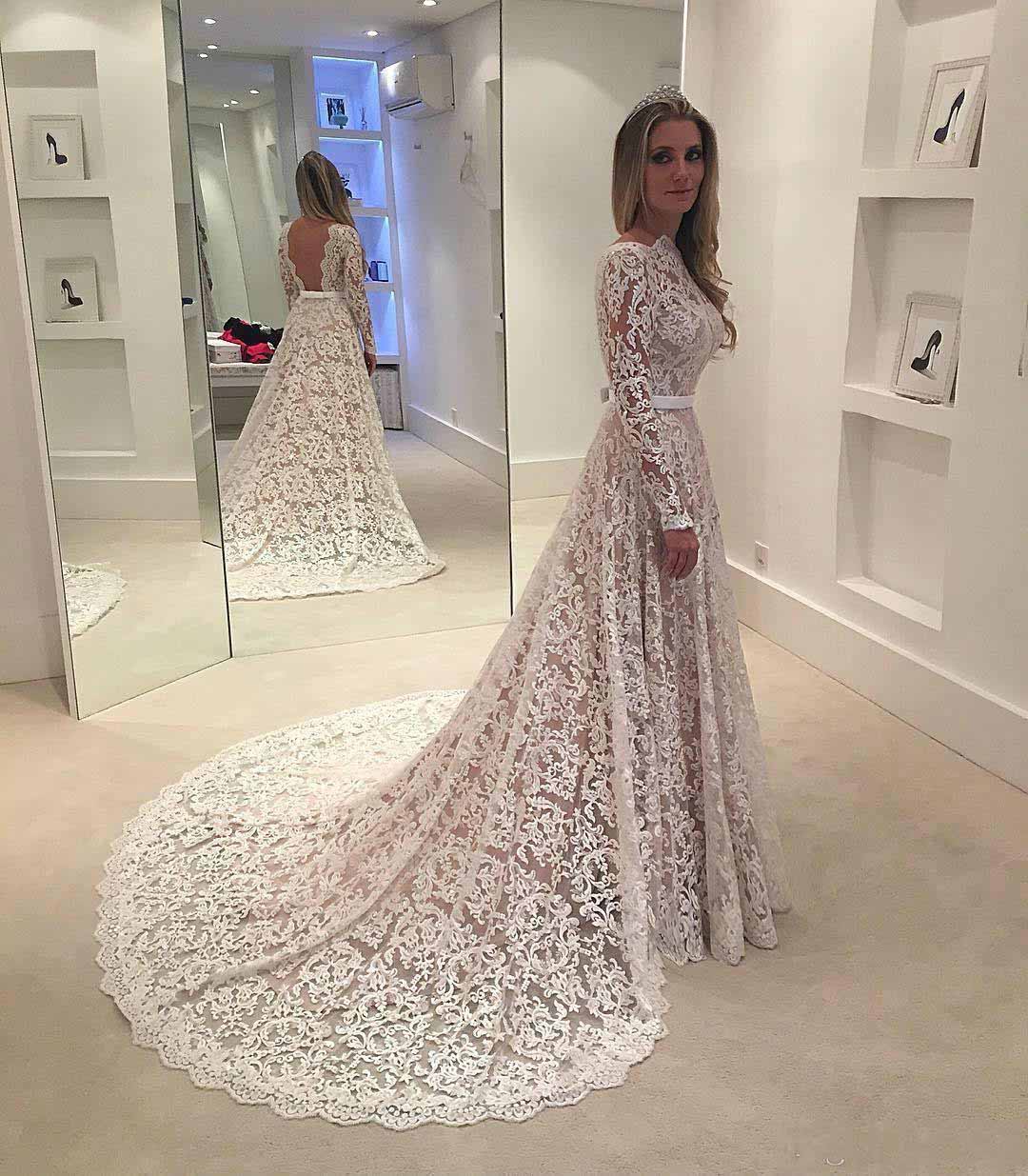 Robe De Soiree Long Sleeves 2020 Lace Wedding Dresses Arabic Lace Sheer Bateau Neck Custom Made See Through Back Bridal Gowns with Belt