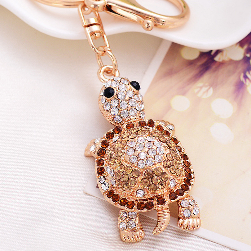 Fashion Cute Turtle Tortoise Shape Car Keychain Handbags Rhinestone Crystal Animal Metal Pendant Accessories Key Rings Gift