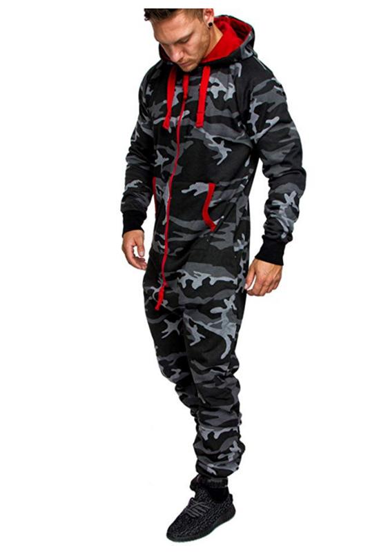 2020 Men's One-piece Pajamas Hoodie, Men's Solid Color Jumpsuit with Zip Hoodie Street Workwear 6 Colors Camouflage