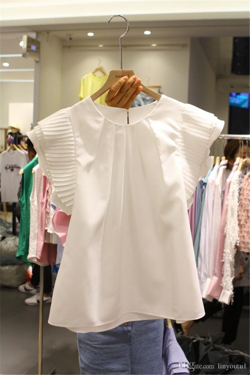 2020 Solid White Summer Women T Shirts O-neck Short Sleeve Pleated Female Tees 2019 New Korean Fahion Loose Casual Tops