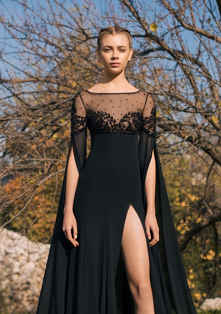 Georges Hobeika 2019 Prom Dresses Sheer Neck Long Sleeve Beaded Chiffon Evening Gowns Thigh High Slits Sexy Formal Party Dresses