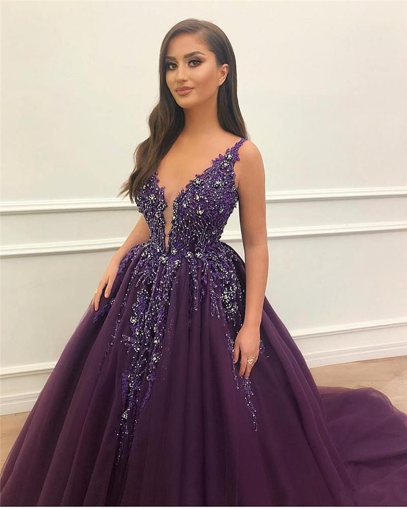 2019 New Hot Dark Purple Quinceanera Dresses Ball Gown Deep V Neck Sequins Sleeveless Open Back Sweep Train Arabic For Party Prom Gowns