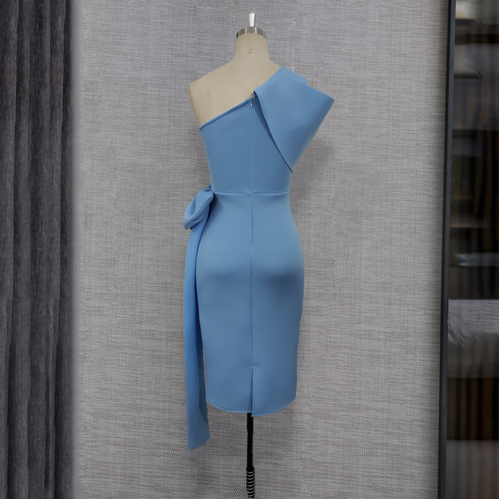 Women Bodycon Dresses One Shoulder with Bowtie Waist Belt Light Blue Dress Elegant Slim Vestido African Event Celebrate Occasion MX200518