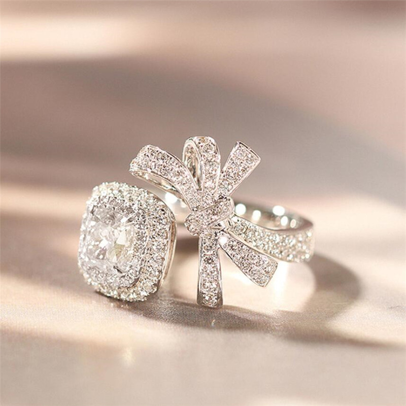 Choucong Brand New Luxury Jewelry 18K White Gold Fill Cushion Shape White Topaz CZ Diamond Gemstones Eternity Women Wedding Band Bow Ring