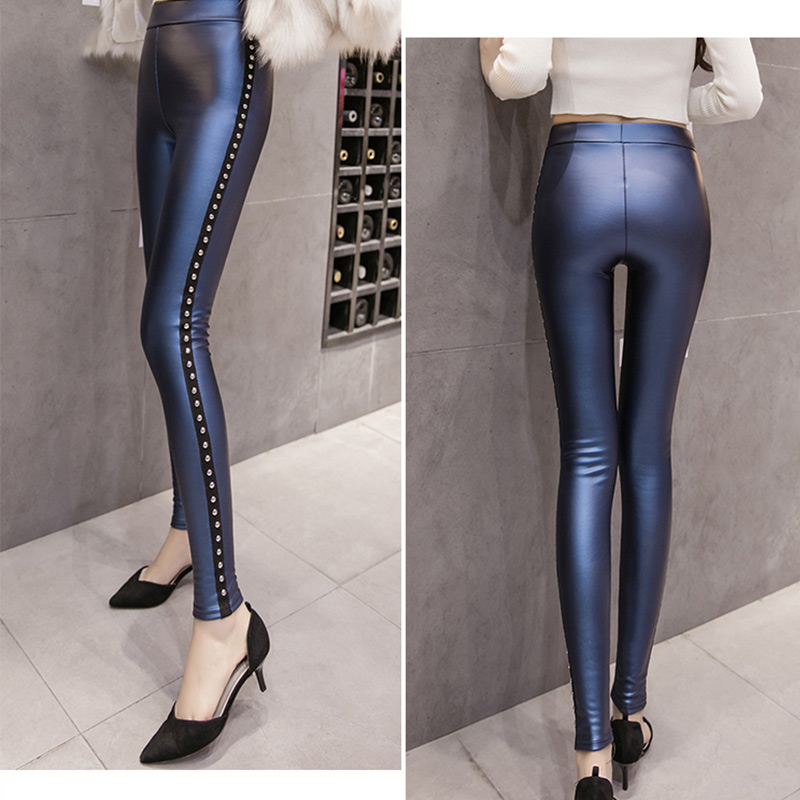 Velvet Winter Warmth Women Pants Fleece PU Leather Leggings Women Fashion Slim Rivets Pencil Pant Ladies Skinny Pants