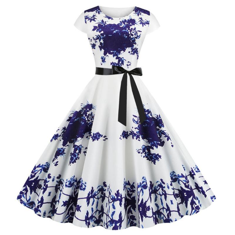 Casual Dresses Women Vintage Print Short Sleeve Lady Summer Evening Party Bowknot Dress Female Swing Floral Clothing Ropa Mujer, Blue
Casual Dresses Women Vintage Print Short Sleeve Lady Summer Evening Party Bowknot Dress Female Swing Floral Clothing Ropa Mujer, Blue