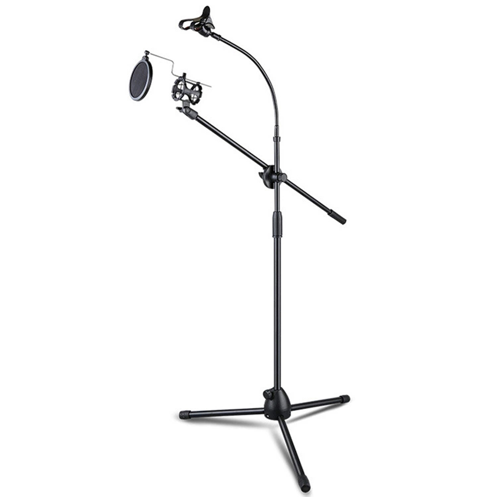 Tripod Microphone Stand Bracket Supporter W/ Shock-proof Mount Mic Pop Filter Mobile Phone Holder for Podcast Broadcast Chatting