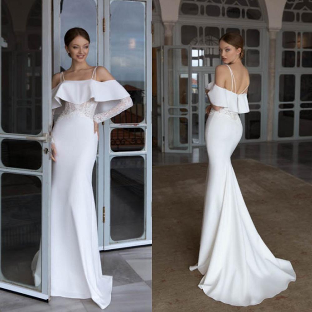 Mermaid Sexy Elegant Dresses Spaghetti Straps Lace Appliques Long Sleeve Backless Sweep Train Wedding Dress Bridal Gowns Vestidos 0906