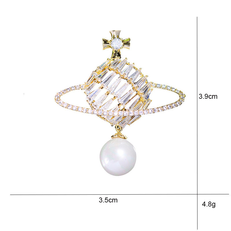 Zircon Rhinestone Earth Planet Hang Pearl Brooch Crystal Enamel Pins and Brooches for Women Lapel Pin Men Suit Jewelry