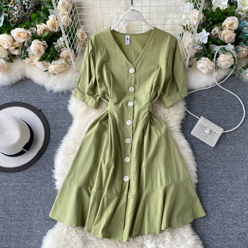 FMFSSOM Summer Spring V-neck Buttons Single Breasted Solid Ruffles Women Female A-line High Waist Midi Dress, Yellow
FMFSSOM Summer Spring V-neck Buttons Single Breasted Solid Ruffles Women Female A-line High Waist Midi Dress, Yellow