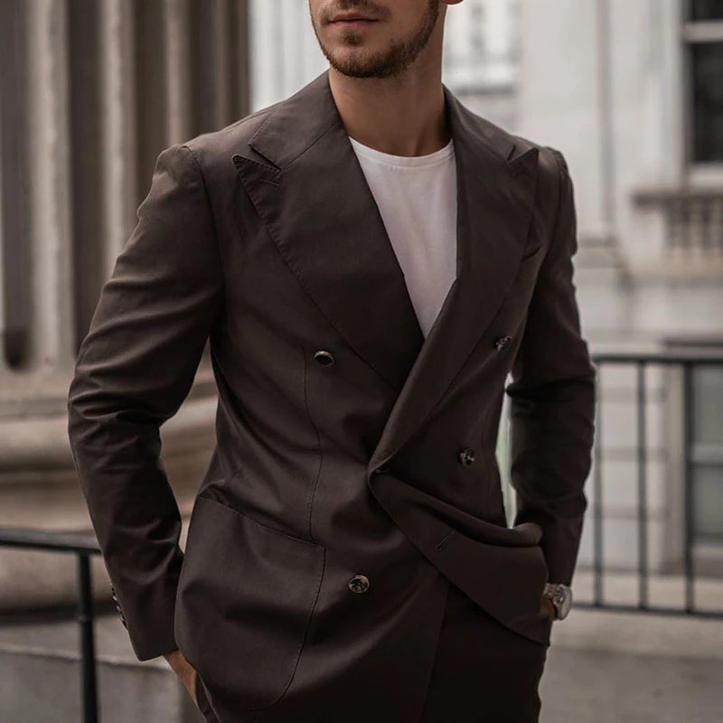 2020 Spring Fashion Groom Wear Double Breasted Peaked Lapel Mens Business Formal Prom Tuxedos Best Man Blazer Suit 2 Pieces (Jacket+Pants)