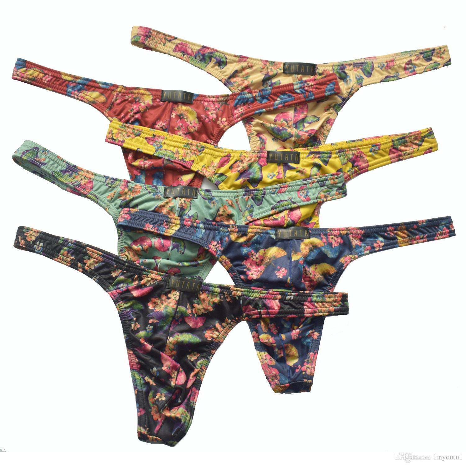 hot sale Mens Sexy Silk Printed Gay Underwear Men Thong and G String Homme Jockstrap Men's Briefs Underpants Man Male Pouch Panties
